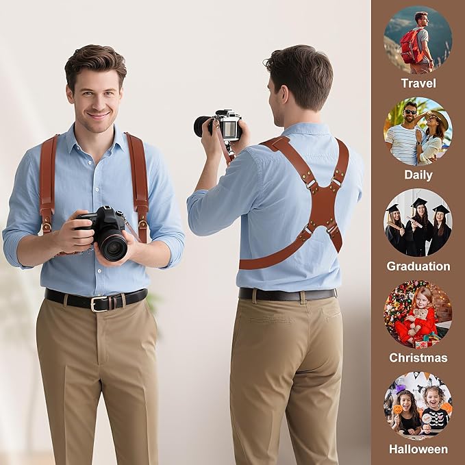 JUNART Camera Strap,Leather Dual Camera Harness with Shoulder Widening Stress Relief, for Two DSLR/SLR Cameras - Image 7