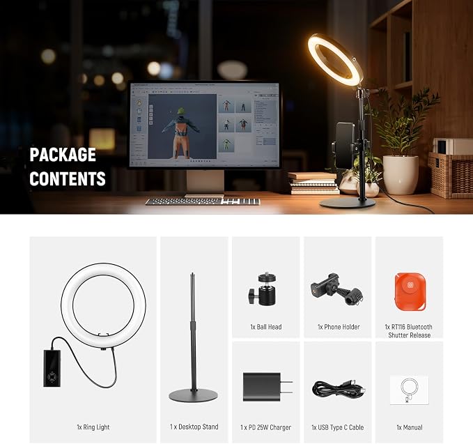NEEWER 8" 18W High Power Desk Ring Light with Stand & Phone Holder, Circle Selfie Ringlight for iPhone Streaming Vlogging Recording, Video Conference Lighting Kit for Laptop Computer Zoom Call, RH8B - Image 9