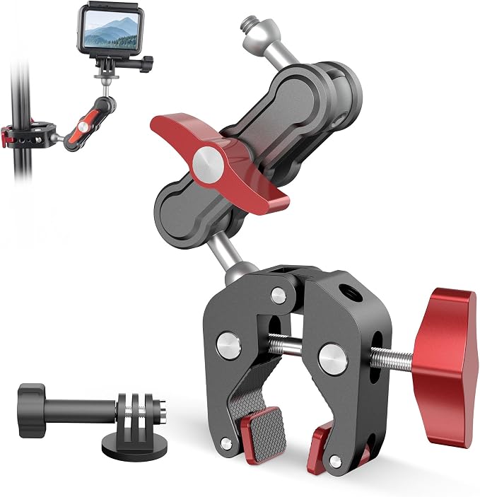 Camera Clamp Mount & 360°Ball Head Magic Arm with Adapter for Go pro, Aluminum Double Ball Head Adapters, Heavy Duty Super Clamp with 1/4"-20 & 3/8"-16 Thread -SJ008 by Mechrig