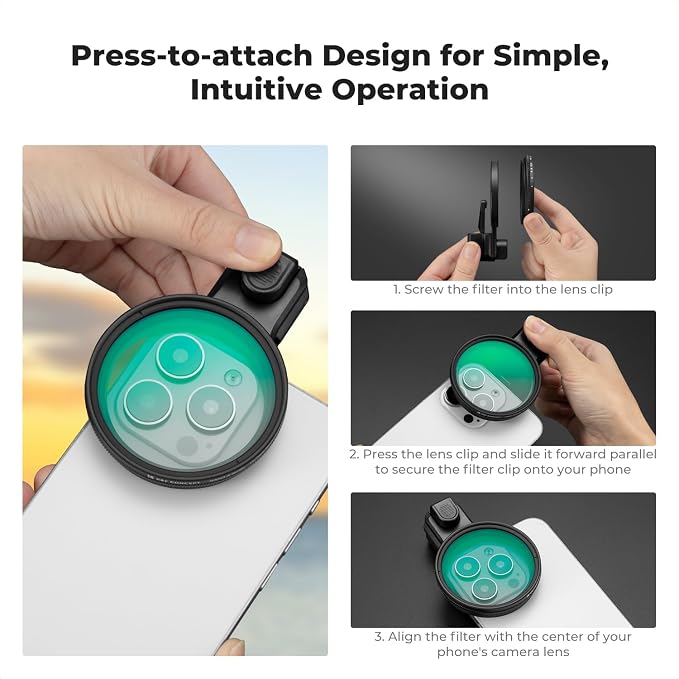 K&F CONCEPT 58mm Press-on ND2-32 Phone Lens Filter Kit | Multi-Coated VND Filter Compatible with iPhone 17/16/15/14/13/12 Standard, 16/15/14/13/12 Pro/Pro Max, FP102 - Image 5