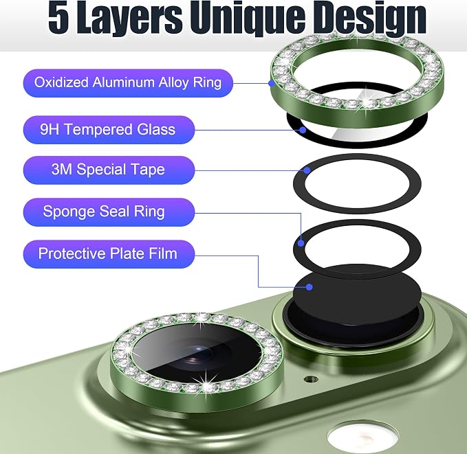 AGVEE 3+3 6 Pack for iPhone 17 Camera Lens Protector Cover | Individual Bling Diamond & Bling Glitter Sparkle Cute Gem Metal Ring, 9H Tempered HD Glass - Image 7