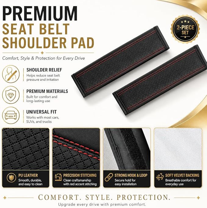 Seat Belt Pads Leather Seat Belt Covers More Comfort Driving Cushion Helps Protect Your Neck and Shoulders Suit for Car, Truck, SUV, Airplane,Camera Backpack Straps-2Pcs - Image 4