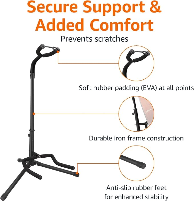 Amazon Basics Height Adjustable Foldable Guitar Stand with Secure Support, Padded Non-Slip Floor-Stand for Acoustic, Electric, Bass and Banjos, Portable Display-Stand, Black (Pack of 10) - Image 2