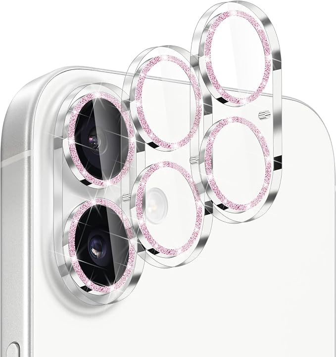 Dengduoduo 3 Pack Camera Lens Protector for iPhone 17, Tempered Glass, Ultra HD, 9H Hardness, Anti-Scratch, Case Friendly,[No Affect on Night Shots], Glitter Pink by Dengduoduo