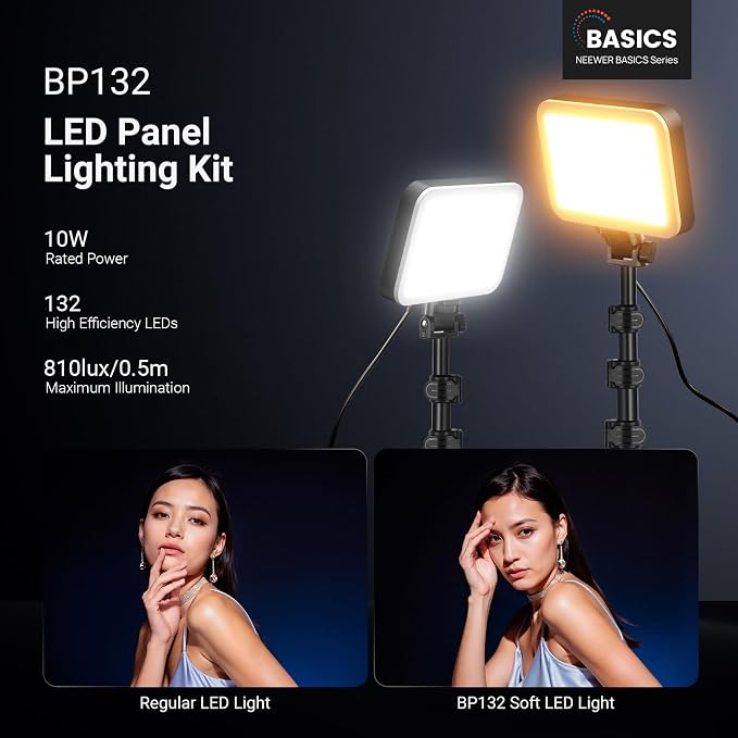 NEEWER Basics 2 Pack LED Video Light Panel Lighting Kit, 6.2" Dimmable Portable Studio Light with 53" Tripod Stand, 3200K-5600K/CRI95+ 810lux for Photography Video Recording Streaming Podcast, BP132 - Image 2