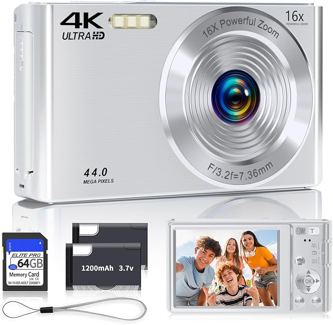 Digital Camera, 2026 4K Autofocus Digital Cameras for Teens, Silver Point and Shoot Camera for Kids with 16X Zoom, 64GB SD Card, Compact Small for Boys Girls Teens Kids Gift by SMARTKLIK