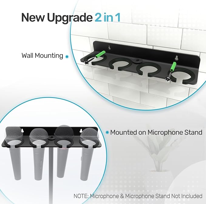 3-Set Wall Mounted Multi Mic Holder, Organizer for 12 Handheld Mics, Metal | Compatible with 5/8 & 3/8 Thread Stand, with Rubber Pad, Wired/Wireless Mic Storage for Church/Stage/Podcast Setup, 3 Pack - Image 2