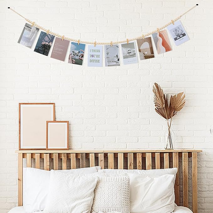 KLOGTSIND Hanging Photo Display with Clips, Wood Bead Garland Wall Decor | Photo String Banner with 10 Clips for Bedroom Room Dorm Cubicle, Picture Cards Artwork Display, Christmas Teen Girls Gifts - Image 5