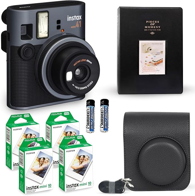 Fujifilm Instax Mini 41 Instant Camera Vintage Black. + Fujifilm Value Pack (40 Sheets) + Shutter Accessories Bundle, Includes Vintage Style Compatible Carrying Case, Black Photo Album 64 Pockets by FUJIFILM