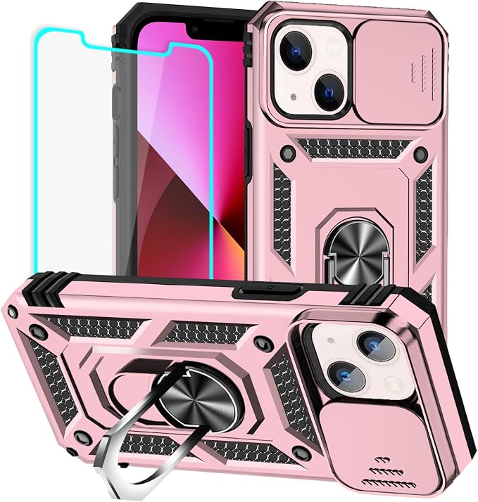 HNHYGETE for iPhone 13 Case with HD Screen Protector: [Military Grade 20ft. Drop Tested] Slide Camera Cover Ring Shockproof Protective Phone Case for - iPhone 13 (Rose Gold) by HNHYGETE