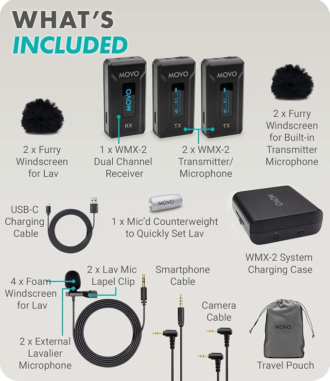 Movo WMX-2-DUO Wireless Camera Microphone Lapel Mic with Charging Case - Lav Mic, Wireless Lapel Microphone 2.4GHz Lavalier, Lav Mic for Vlogging, DSLR, Computer - Image 7