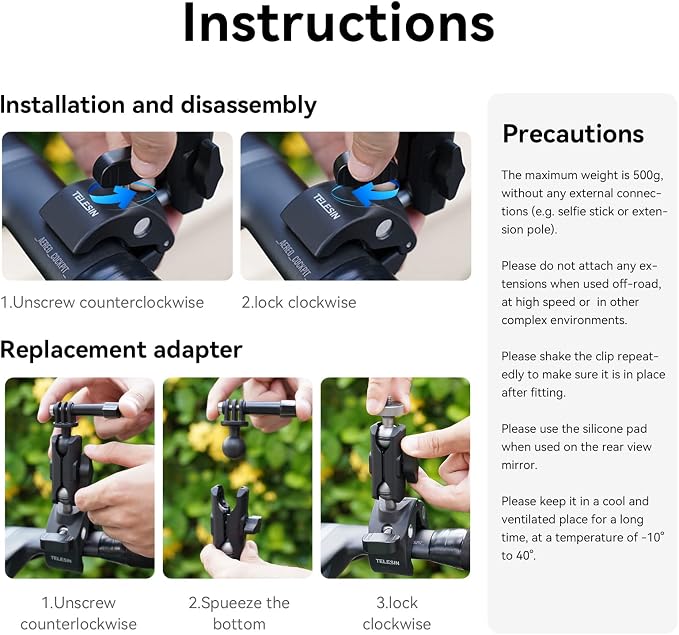 TELESIN Camera Clamp Mount Bike Motorcycle Handlebar Mounts Accessories,360 Ball Joint Tube Roll Bar Holder Clip for GoPro Mission 1 PRO/DJI Osmo Pocket 4/ Action 6 5 4/ Insta360 Luna Ultra/Xtra Muse - Image 8