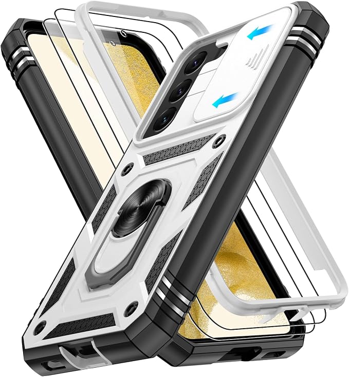 Gritup for Samsung Galaxy S22 Case with Screen Protector*2, Galaxy S22 Case Build in 360° Rotating Ring Kickstand, Military Grade Protective Cover for Galaxy S22 Phone, White+Black by Gritup