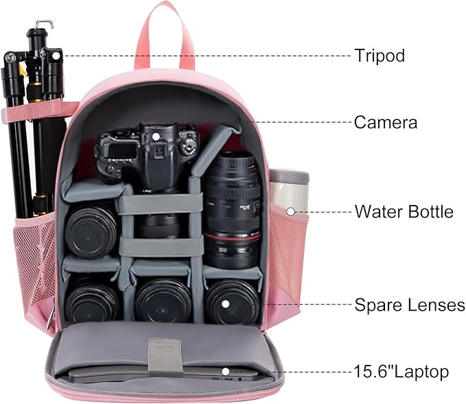 CADeN Camera Backpack Bag Professional for DSLR/SLR Mirrorless Camera Waterproof, Camera Case Compatible for Sony Canon Nikon Camera and Lens Tripod Accessories (Small, Pink) - Image 4