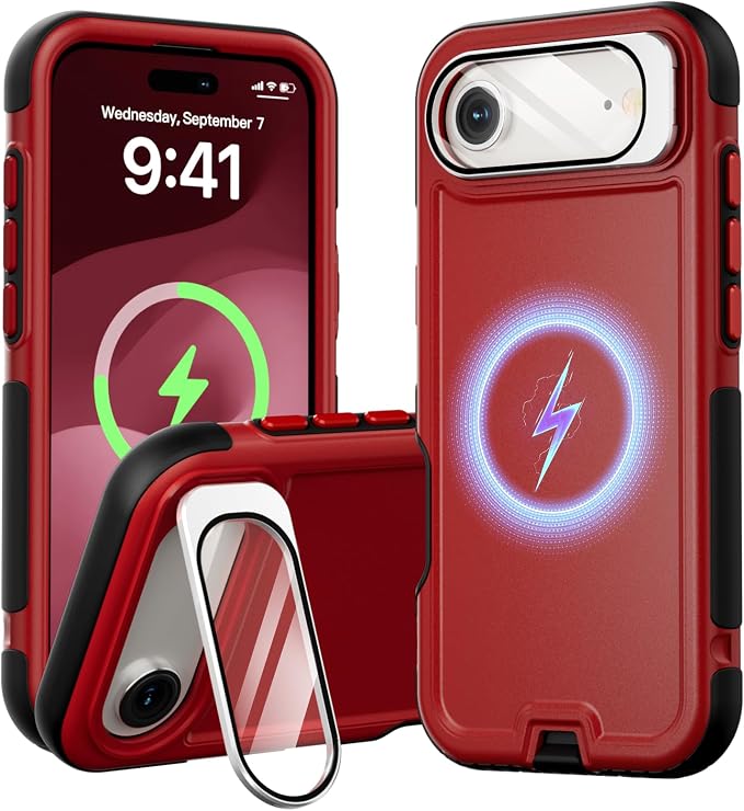 Follaroma Magnetic for iPhone 17 Air Case with Camera Cover Stand, Red,6.5" | Built-in Glass Camera Cover Stand,Compatible with MagSafe,Heavy Duty Shockproof Protective,Military-Grade Anti-DropDual Case by Follaroma