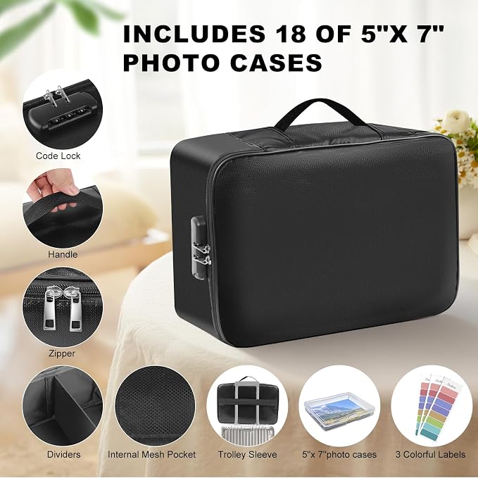 FUIJOL Fireproof Photo Storage Box with 18 Inner 5x7 Photo Cases, Lockable Collapsible Box with Handle, Photo Boxes Storage for Picture, Portable Photo Organizers and Storage for Scrapbook & Documents - Image 4