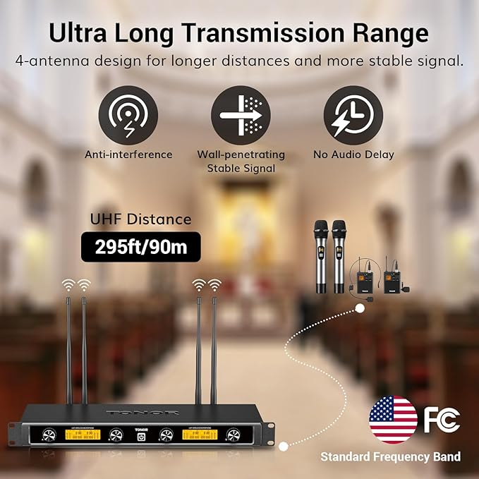 TONOR Wireless Microphones System with Metal 2 Cordless Mic and 2 Headset/Lapel/Lavalier Mic, Bodypack Transmitter, Receiver for Karaoke Church Singing Party PA Speaker, 4*10 Channels 90 m/295ft Range - Image 3