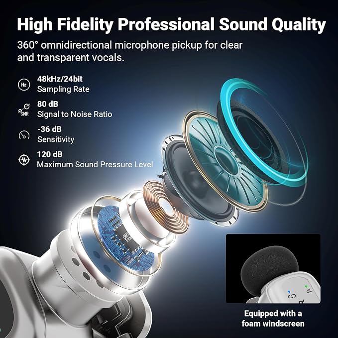 NEEWER KM19 Wireless Lapel Microphone Compatible with iPhone 17 16, Silver | Compatible with iPhone Android & PC, Mini Lav Mic, App Control, 3 Level Noise Cancelling, 30H Battery, 100m, Video Recording - Image 3