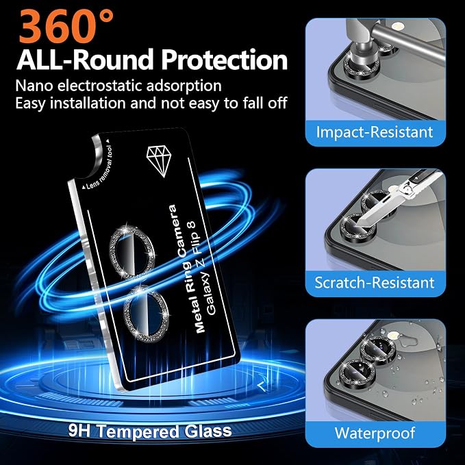for Samsung Galaxy Z Flip 8 Camera Lens Protector, Individual Metal Ring Tempered Glass Lens Cover, [Strong Adsorption] Scratch Resistant Ultra-Thin HD Clear Lens Cover, 1 Set-Black Sparkly - Image 2