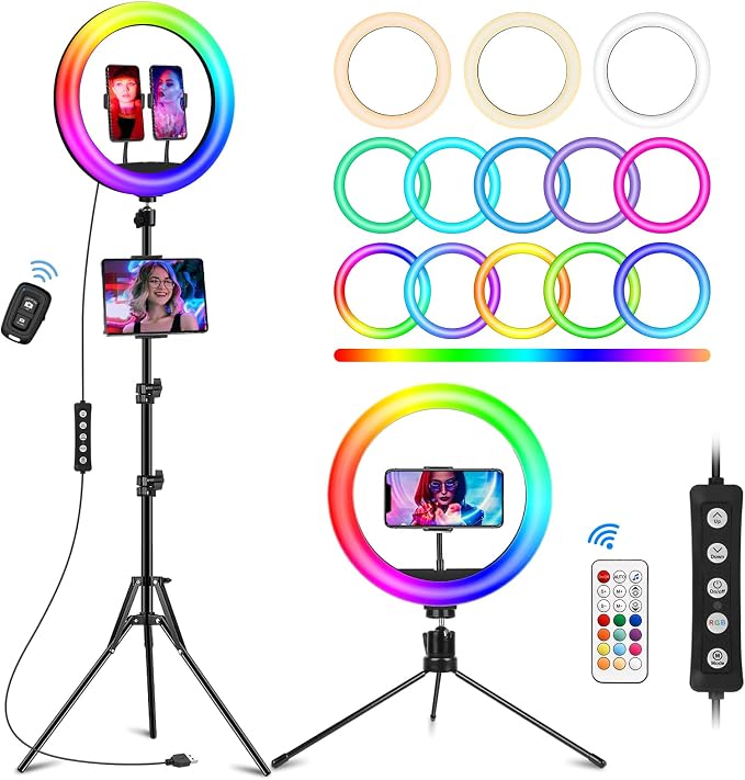 STALLY 12.3" Ring Light with Stand, 75" Tripod and Desk Tripod, 2 Holders | Ring Light Tripod with 3 CCT Mode, 96 Color Modes, Wireless Remote, Great Selfie Light for Live Stream/Makeup/YouTube/TikTok by STALLY