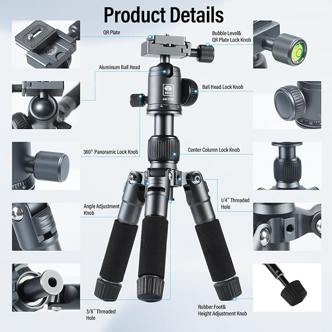SIRUI AM-TT50 Aluminum Mini Tabletop Tripod, 360° Ball Head, 20" | 17.6LB Load, Phone Holder Included, DSLR, Mirrorless Camera, Smartphone, Portable, Desktop, Travel, Vlogging - Image 2
