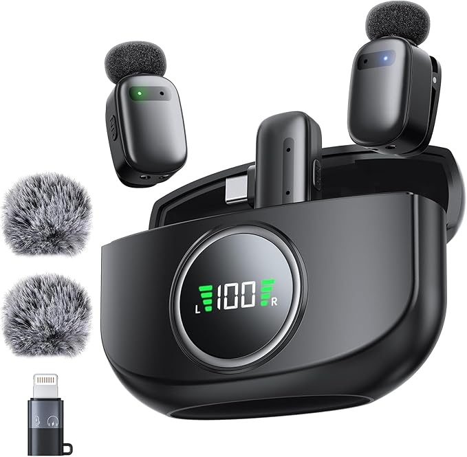 Wireless Mini Lavalier Microphone for iPhone & Android, Dual Clip-On Mics with 30H Charging Case, Intelligent Noise Cancellation, Tiny Portable Mic for Vlogging, TikTok, Live Stream, Teaching Meetings by Pnitri