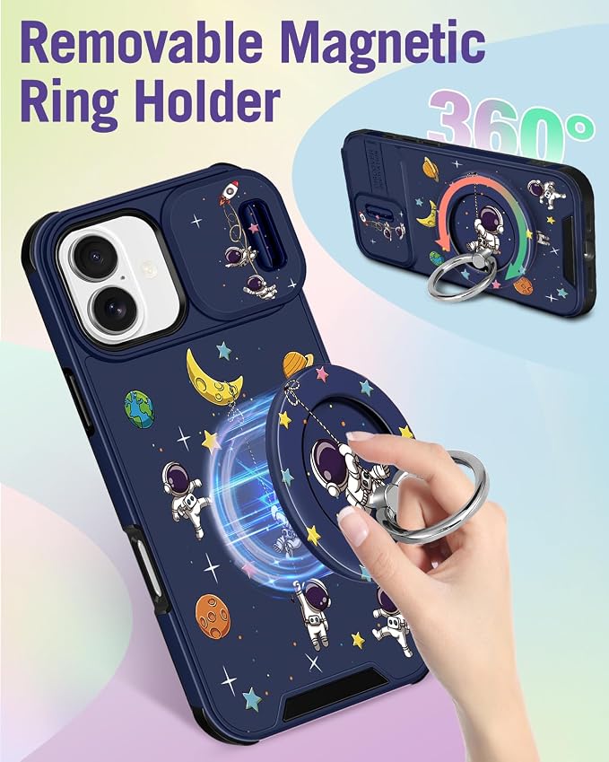 Buleens for iPhone 17 Case 6.3 Inch - with Ring Stand & Camera Cover Aesthetic Cute Designed for Women Girls Girly Cartoon Astronaut Unique Phone Case for iPhone 17 Compatible with Magsafe - Image 5