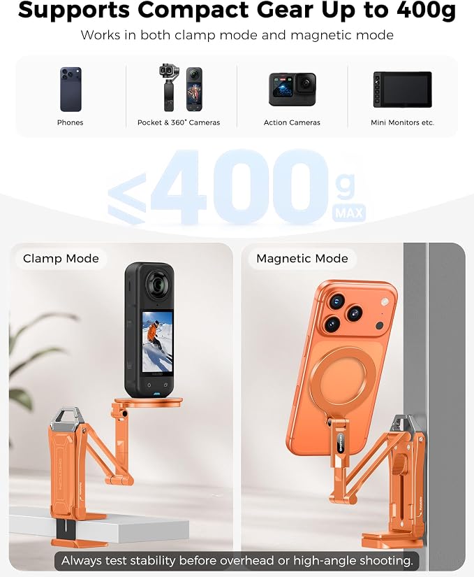 OMOTON TP02-Ultra Multi-Device Camera & Phone Mount with 1/4"Adapter Orange | Built-In 1/4" & Arca Base, Clamp, Magnetic & Tripod Setups for iPhone, Pocket/Action Cameras, Overhead & Low-Angle Filming - Image 7