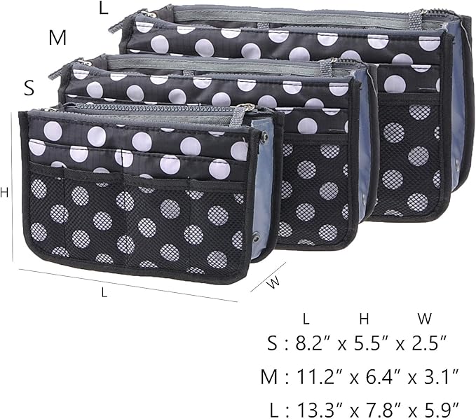 Vercord Purse Organizer Insert for Handbags Bag Organizers Inside Tote Pocketbook Women Nurse Nylon 13 Pockets Black Dot Small - Image 3