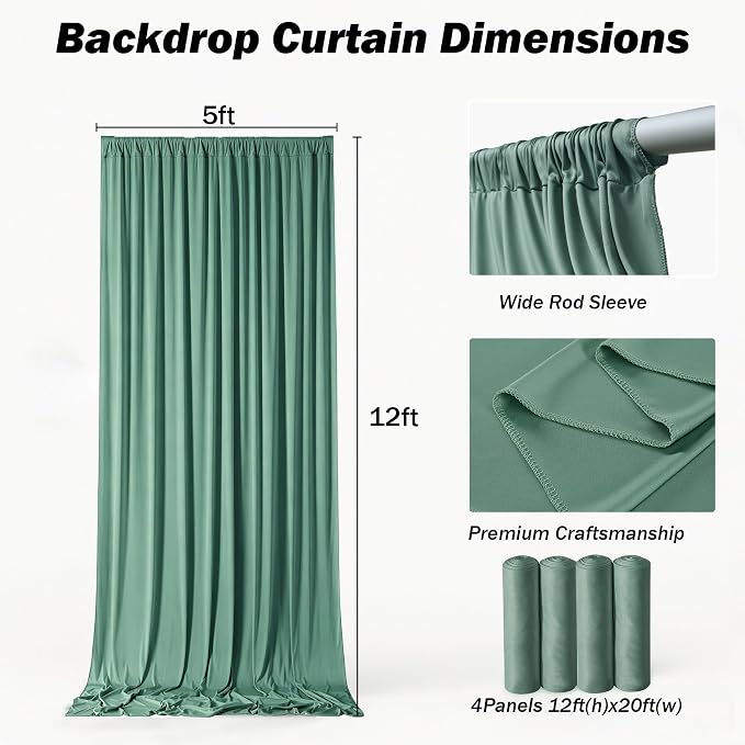 20x12 ft Sage Green Backdrop Curtains for Weddings, Birthdays and Photos | 4 Panels 5x12 ft, Wrinkle-Free Polyester Drapes, Washable, Ironable, 4 in Rod Pocket for Baby Showers Photography Background - Image 7