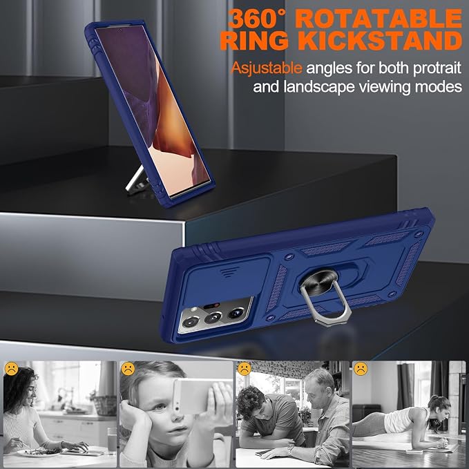 for Samsung Galaxy Note 20 Ultra Case with Screen Protector*2, Note 20 Ultra Phone Case Build in 360° Rotating Ring Kickstand, Military Grade Protective Case for Samsung Note 20 Ultra Phone, Blue - Image 8