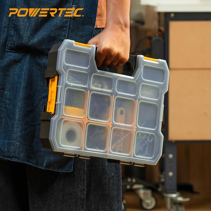 POWERTEC Small Parts Organizer & Tool Box – 14 Compartments, Stackable Storage with Interlocking Latch, Removable Dividers, Clear Lid, Portable Design, 2-Pack (72364-P2) - Image 6