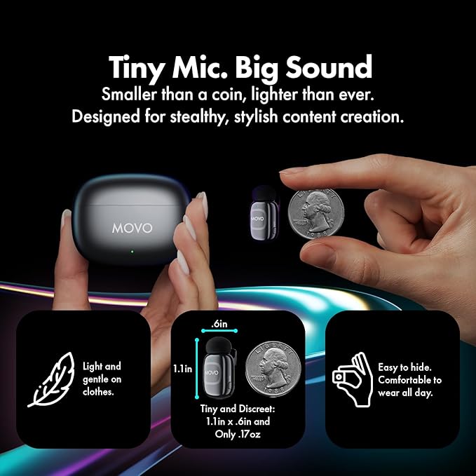 Movo NanoMic Wireless Lavalier Microphone for Camera – Clip-On TRS Wireless Mic System for DSLR, Camcorders, and Mirrorless Cameras – Dual Microphones with Charging Case for Video, Interviews - Image 3