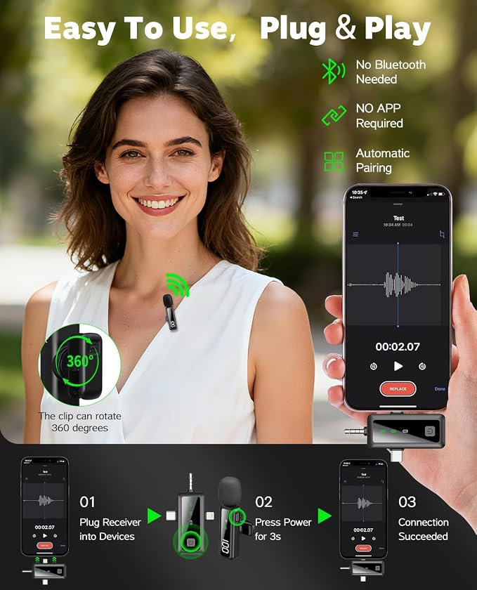 Wireless Lavalier Microphone for iPhone/Android/Camera, Upgraded Mini Microphone with LED Indicator & Noise Reduction, Mic for Video Recording, YouTube, TikTok, and Vlogging (Dark Black) - Image 2