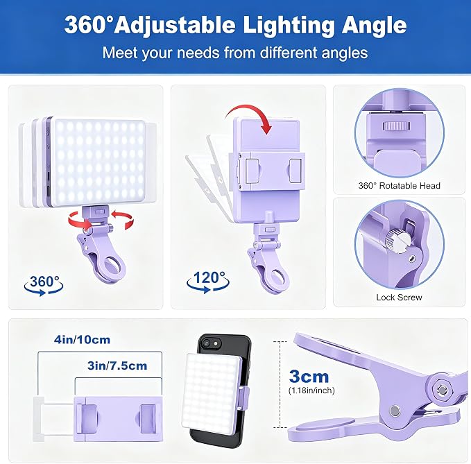 Selfie Light, Phone Light with Front & Back Clip, 60 LED Portable Light with 3 Modes, 5000mAh Rechargeable Video Light for Phone, iPhone, IPad, Laptop, TikTok, Makeup, Live Stream, Vlog(Purple) - Image 7
