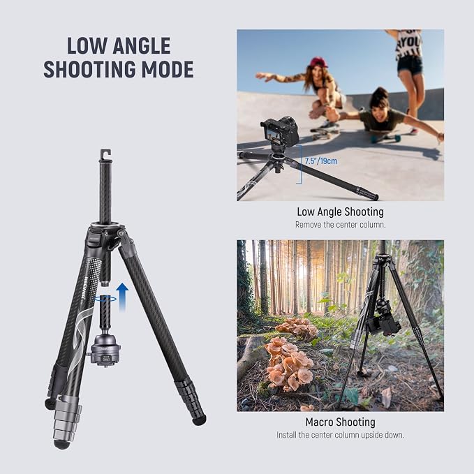 NEEWER LITETRIP LT32 Camera Travel Tripod, Carbon Fiber Portable Stand, Ball Head Detachable Center Axis Flip Buckle Cleaning Cloth Arca QR Plate Compatible with PD (Former TP62) - Image 7