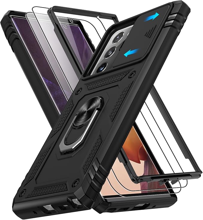 for Samsung Galaxy Note 20 Ultra Case with Screen Protector*2, Note 20 Ultra Phone Case Build in 360° Rotating Ring Kickstand, Military Grade Protective Cover for Note 20 Ultra Phone Black by Gritup