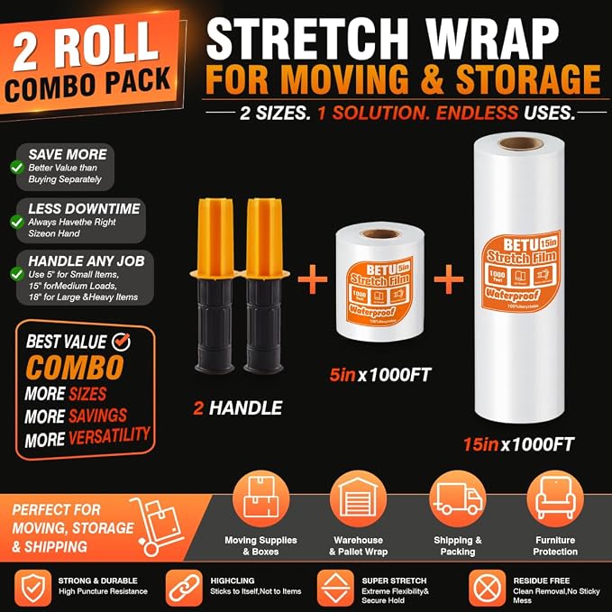 Stretch Film Shrink Wrap Flexible Moving Kit (5"+15") x 1000 Ft for Moving Supplies, Heavy Duty Plastic Wrap Stretch Roll for Moving Boxes Toys Books Pallet Wrapping Furniture with Handles, Clear - Image 3