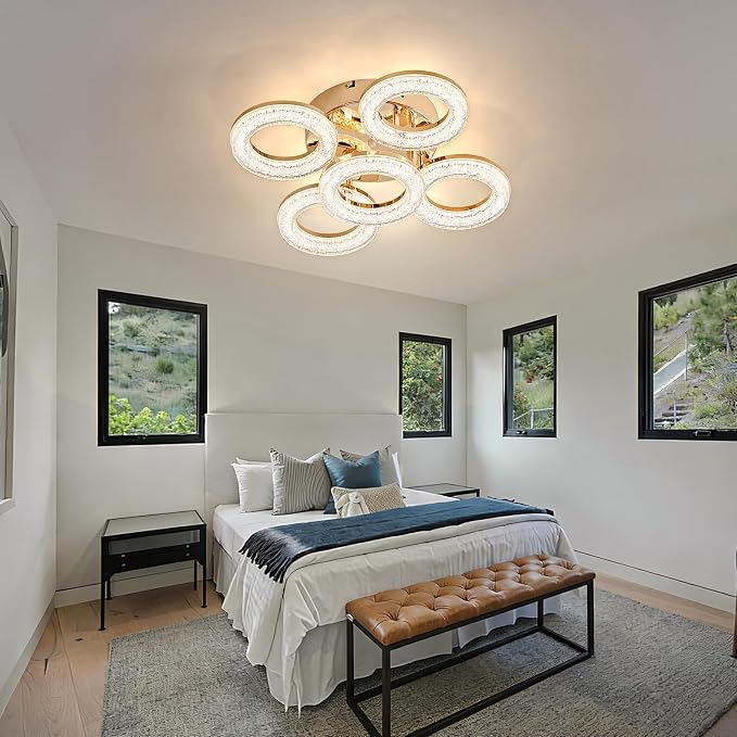 Modern Ceiling Light, 5 Rings 16.9'' Dimmable LED 49W Flush Mount Ceiling Lights with Remote Acrylic Crystal Round Ceiling Light Fixture, Bedroom Living Room Dining Room, Gold - Image 7
