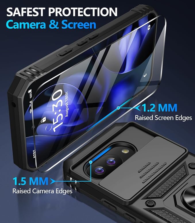 Taisairu for Google Pixel 9A Case with Screen Protector & Slide Camera Lens Cover, Built-in 360°Rotate Magnetic Ring Stand Shockproof Protective Phone Case for Google Pixel 9A Case (Black) - Image 7