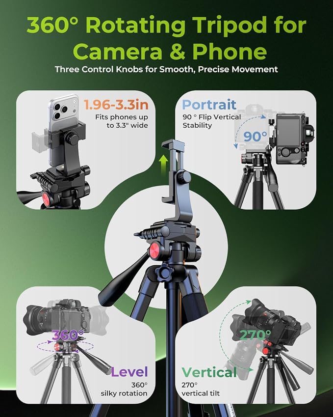 CAMBOFOTO 72" Camera Tripod for DSLR and Cell Phone, Pan Head, Aluminum | Portable Tall Tripod Stand with Phone Holder &Quick Release Plate, Compatible with Canon iPhone for Live Video Vlog Recording - Image 5