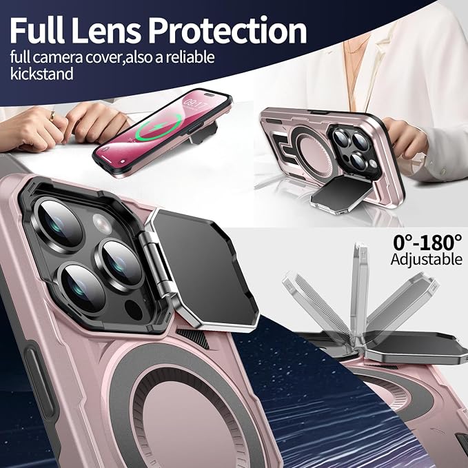 Camera Stand Case for iPhone 15 Pro, [Compatible with Mag Safe] [Lens Cover] 2024 Version Military Grade Protective Soft Case for iPhone 15 Pro 6.1 inch Men Women, Pink - Image 3