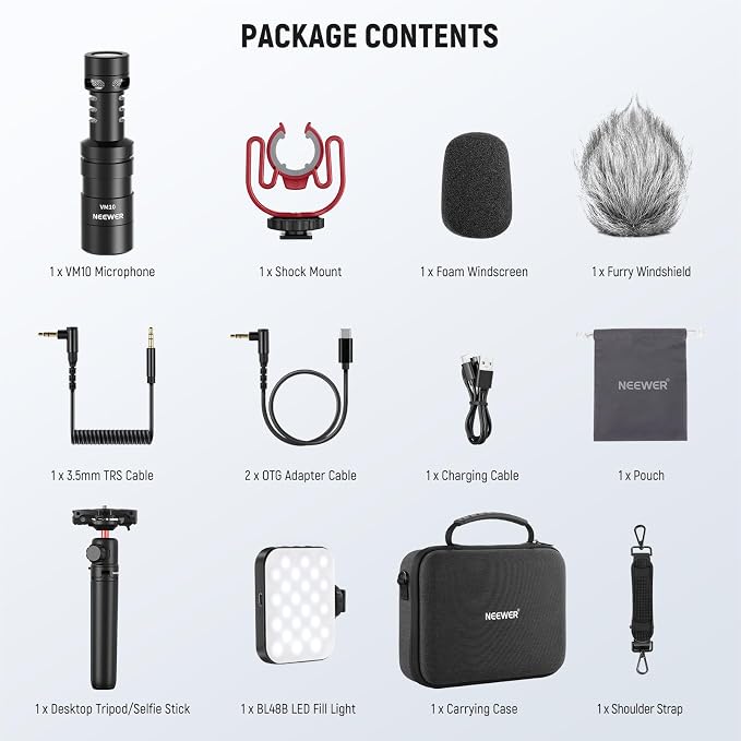 NEEWER Basics PA050 Vlogging Kit for iPhone Android Phone for YouTube TikTok Streaming Video Recording, Selfie Stick Tripod + Microphone + LED Fill Light, Youtuber Starter Content Creator Essentials - Image 9