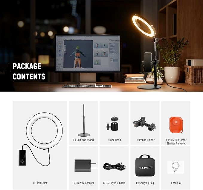 NEEWER 18W 8" Desk Ring Light with Stand, Circle Selfie Light for iPhone Streaming Makeup Video Recording, Video Conference Lighting Kit with Phone Holder for Laptop Computer Zoom Call Podcast, RH8B - Image 9