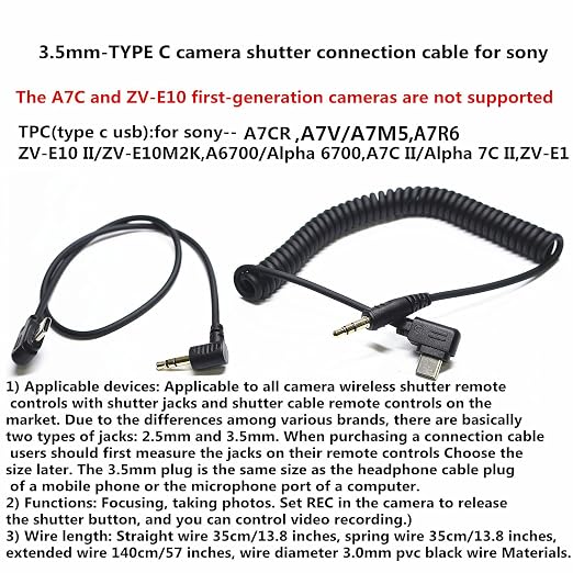(3.5mm-USB c) for Sony a7v/a7m5/a7r6 Shutter Release Connection Cable Camera a6700 a7c r/a7cII/ZV-E1/ZV-E10 II 13.8in Flash Starter Remote Control Accessory Wire(3.5mm-Type c Cable 2pcs) - Image 2