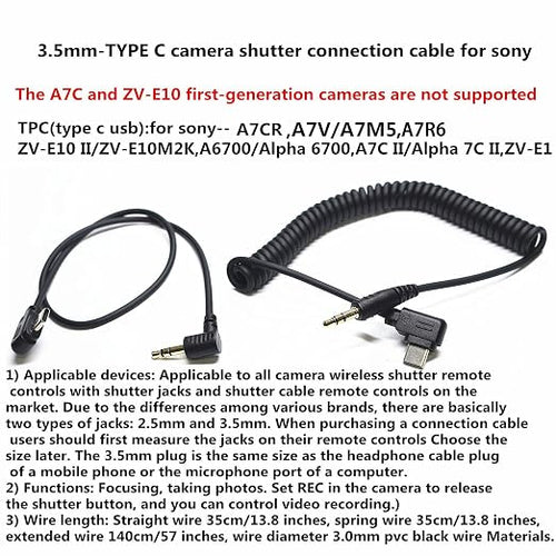 (3.5mm-USB c) for Sony a7v/a7m5/a7r6 Shutter Release Connection Cable Camera a6700 a7c r/a7cII/ZV-E1/ZV-E10 II 13.8in Flash Starter Remote Control Accessory Wire(3.5mm-Type c Cable 2pcs) - Image 2