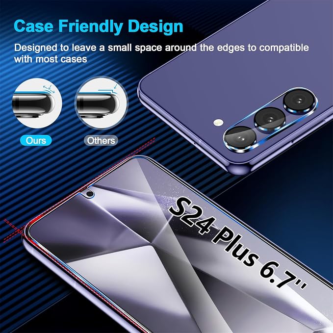 firtstnow 3 Pack for Samsung Galaxy S24 Plus Screen Protector Tempered Glass + 3 Pack Camera Lens Protector, Military Grade Shatterproof, 9H Hardness, Fingerprint Unlock, Case Friendly 6.7 Inch - Image 7