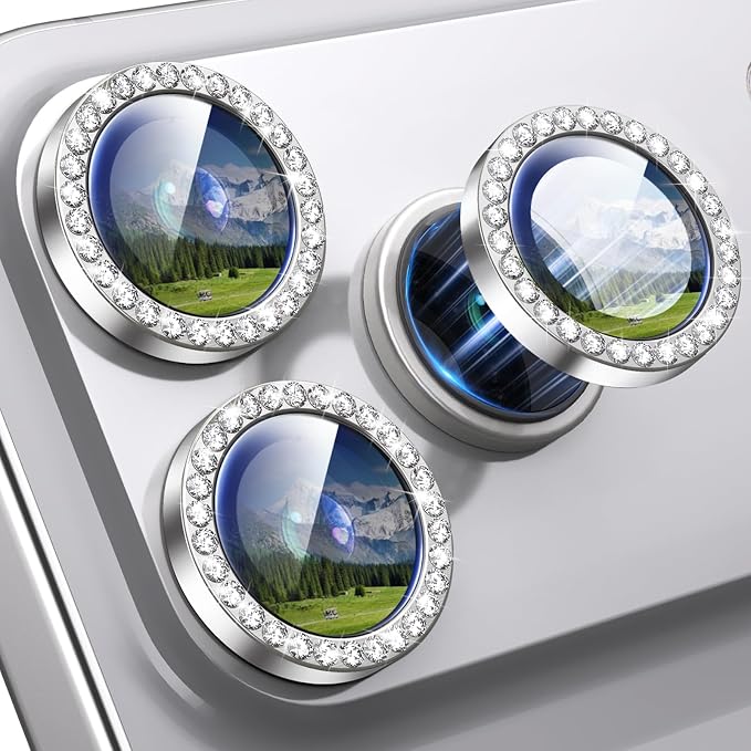 iPhone 17 Pro/17 Pro Max Camera Lens Protector Bling Diamond, Silver | Individual Metal, 9H Hardness, Scratch Resistant, Shockproof, Drop Protection, Case Friendly, Stylish Accessories by Xfilm
