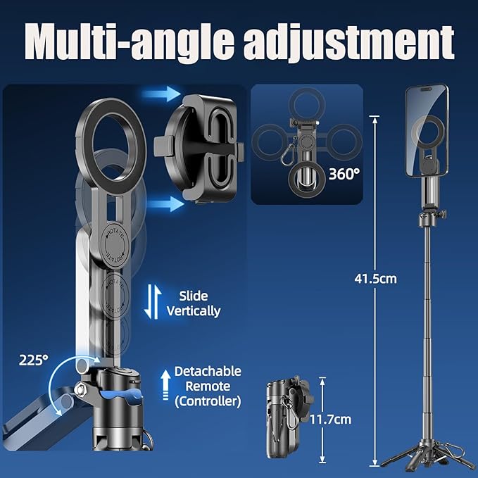 4 in 1 Magnetic Tripod Pocket Selfie Stick Extends to 1.5ft | Portable Camera Grip Handle, Strong Magnetic, Compact, Detachable Remote Control for Selfies/Vlogging/Live Streaming/Travel - Image 3