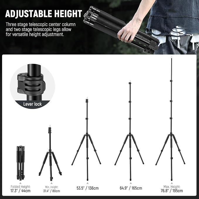 NEEWER Photography Light Stand, 1.5-6.4ft/47-195cm Aluminum Reversible Studio Lighting Tripod, Portable Phone Video Stand w/ 1/4" Screw for Strobe Light Camera Softbox, 4.4lb/2kg Load, ST195 | Studio Lighting Tripod, Portable Phone Video Stand with 1/4... - Image 2